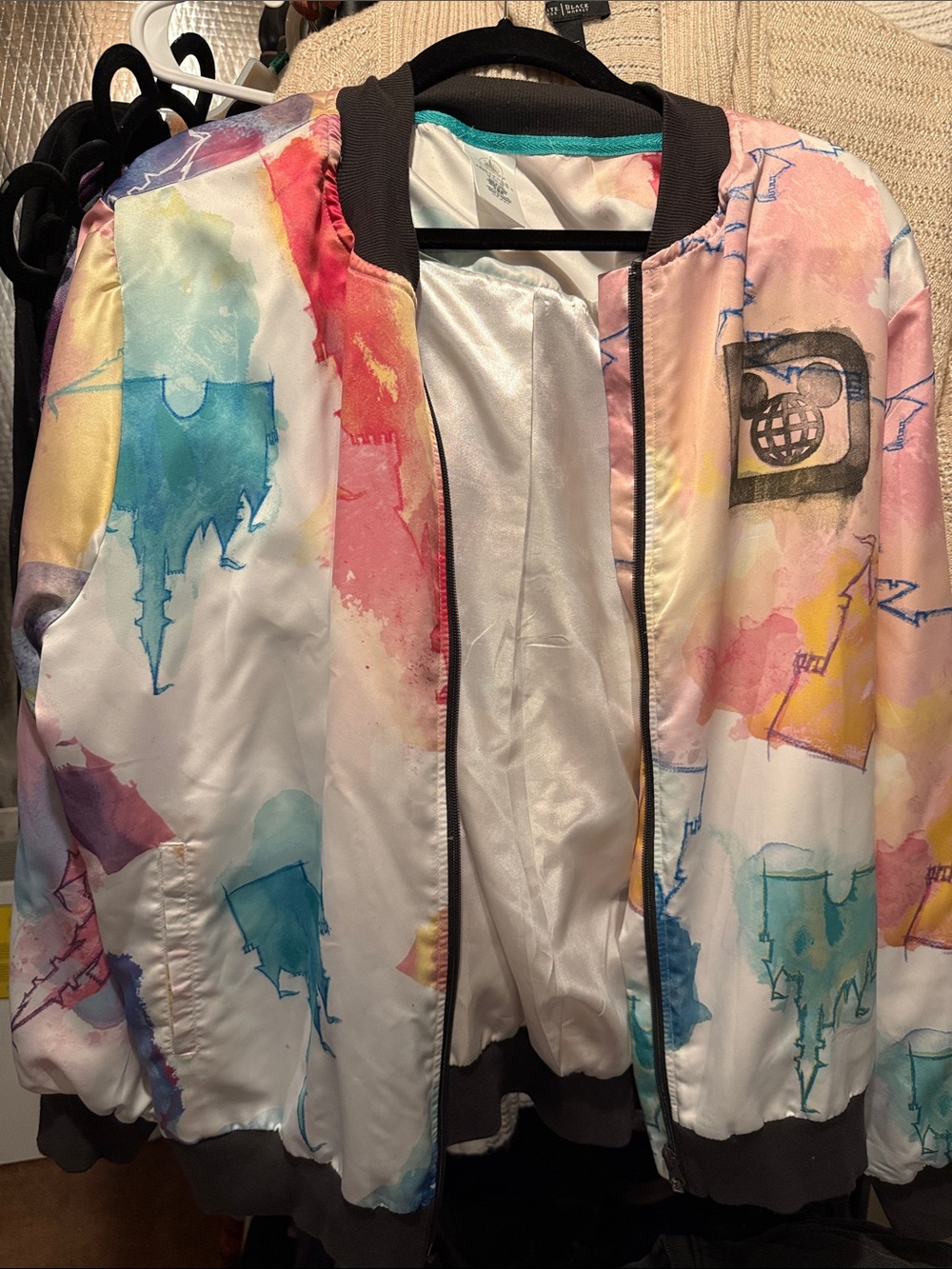 Women’s Walt Disney World Watercolor Print Satin Bomber Jacket - White Multi